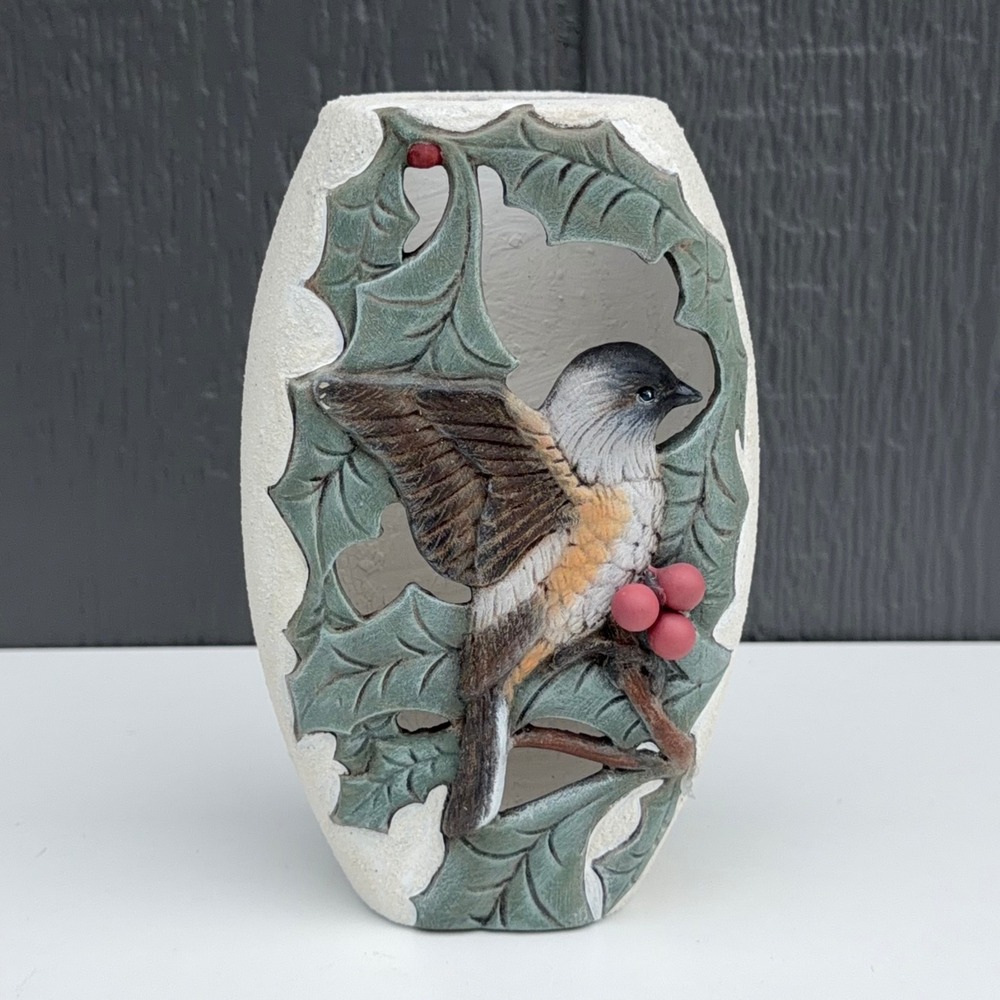 Vintage Chickadee Bird Ceramic Vase Holly Berry Cut Out Nature Decor 6.5"